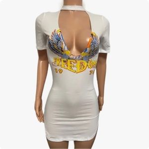 Sexy White Freedom Eagle Patriotic Usa Biker Cut Out Cleavage Mini Dress Top New